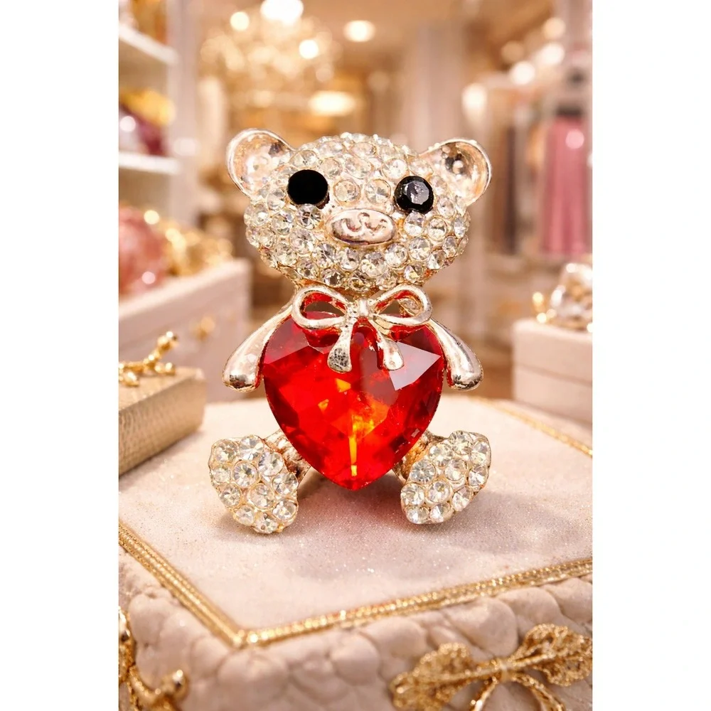 Brooch Rose Gold & Rhinestone Teddy Bear with‎ Red Heart